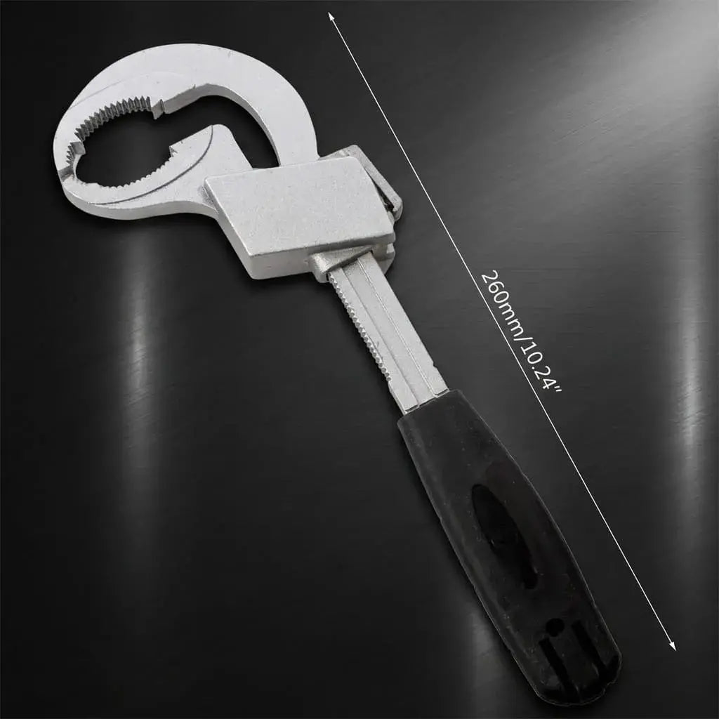 Llave ajustable doble cabeza en aluminio, ideal para plomería en espacios reducidos. Precisión, agarre firme y fácil uso en el hogar.