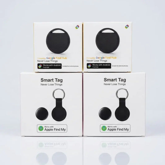 Localizador Bluetooth antipérdida para llaves, maletas, mochilas y mascotas, compatible según versión con Apple Find My o Google Find My Device.