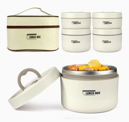 Lonchera térmica con 2 recipientes redondos con tapa de rosca e interior de acero inoxidable, y bolso térmico beige con cremallera y asa. Lleva tu almuerzo y tu sopa separados. No incluye cubiertos.