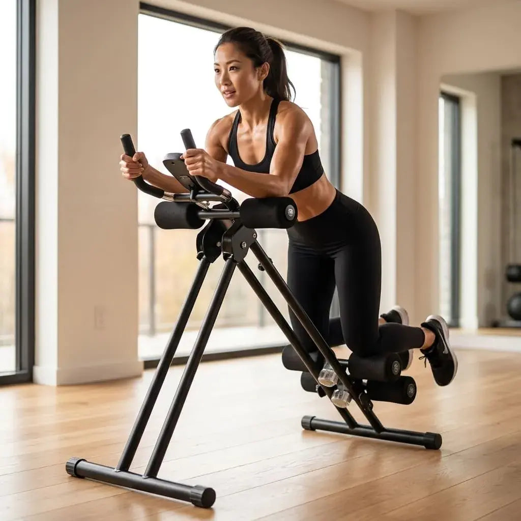 Máquina abdominal Ab Vertical Five Shapers plegable para ejercicio en casa. Incluye contador, inclinación ajustable, apoyos acolchados y estructura resistente.