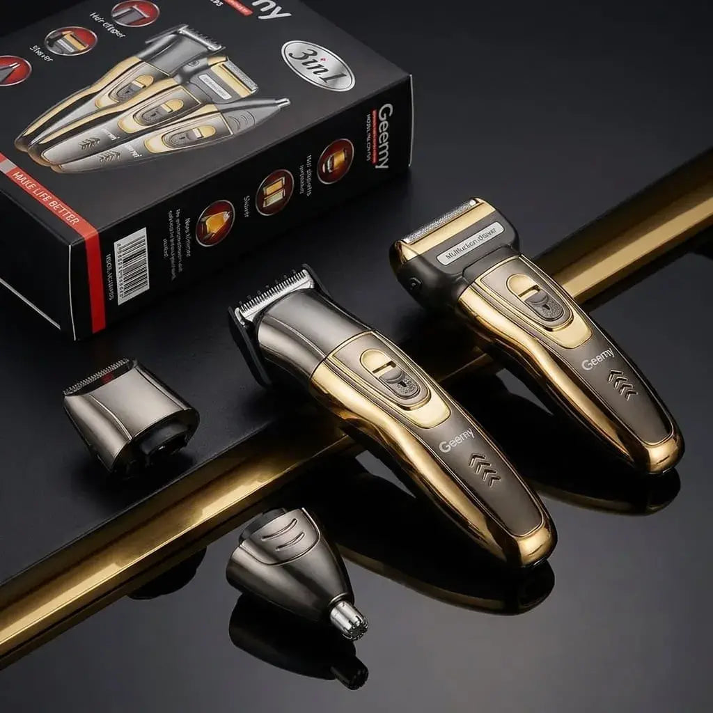 Máquina barbera Geemy GM-566 3 en 1 recargable para barba, cabello y nariz. Incluye cabezales intercambiables, cuatro guías de corte y accesorios de mantenimiento.