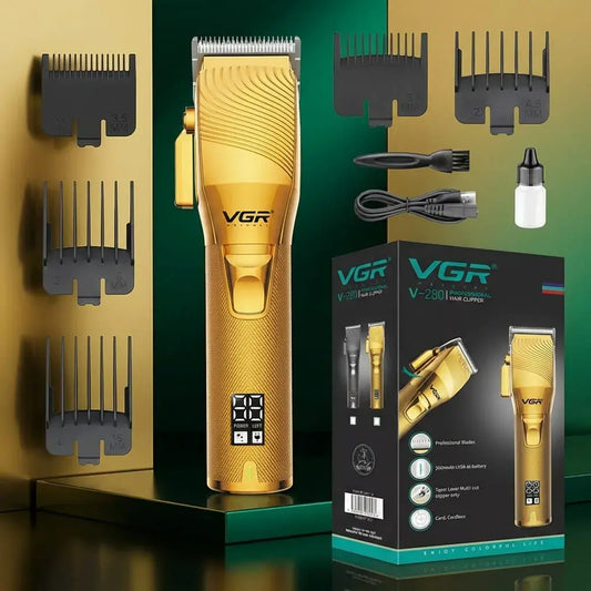 Máquina peluquera VGR recargable con cuchilla en acero inoxidable, 6 guías de corte y batería de 2500mAh. Ideal para cortes precisos en casa.