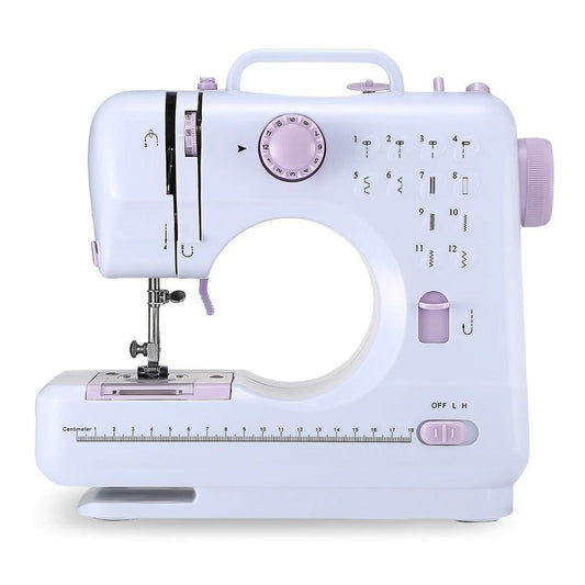 Máquina de coser eléctrica portátil de 12 puntadas con pedal, luz LED, función reversa, rebobinado automático, cortador de hilo y diseño compacto para costura doméstica.
