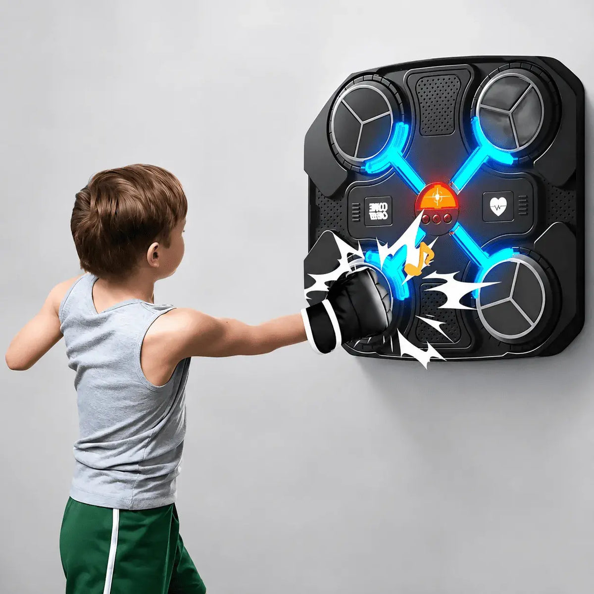 Máquina de boxeo musical electrónica para pared con guantes, cable de carga y accesorios de instalación. Ideal para entrenar coordinación, velocidad y ritmo.