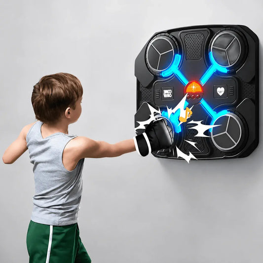 Máquina de boxeo musical electrónica para pared con guantes, cable de carga y accesorios de instalación. Ideal para entrenar coordinación, velocidad y ritmo.