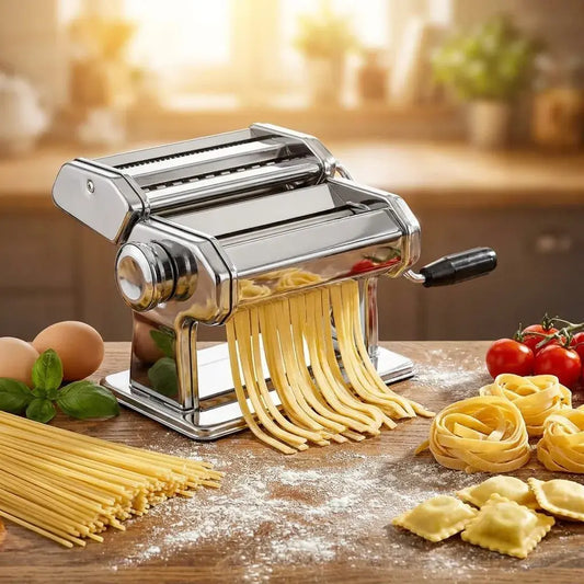 Máquina manual para hacer pasta casera en acero inoxidable con grosor ajustable, manivela y abrazadera. Ideal para espaguetti, lasaña y fettuccine.