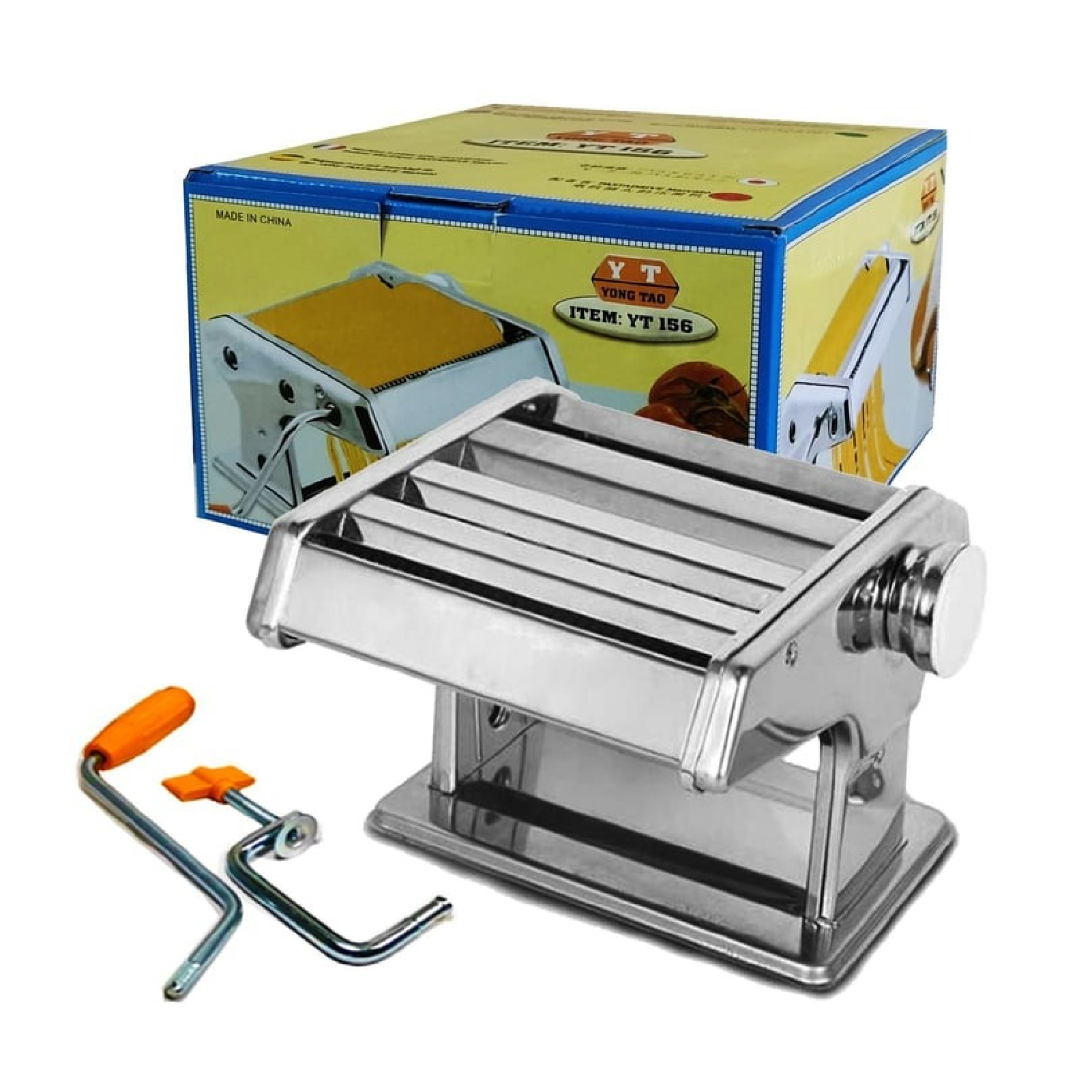 Máquina para hacer pasta Yong Tao YT-156 en acero inoxidable con regulador de grosor. Ideal para preparar tallarines, lasaña y fettuccine en casa.