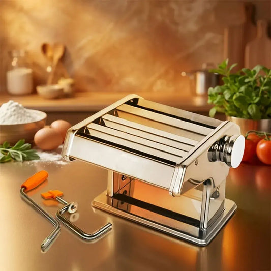 Máquina para hacer pasta Yong Tao YT-156 en acero inoxidable con regulador de grosor. Ideal para preparar tallarines, lasaña y fettuccine en casa.