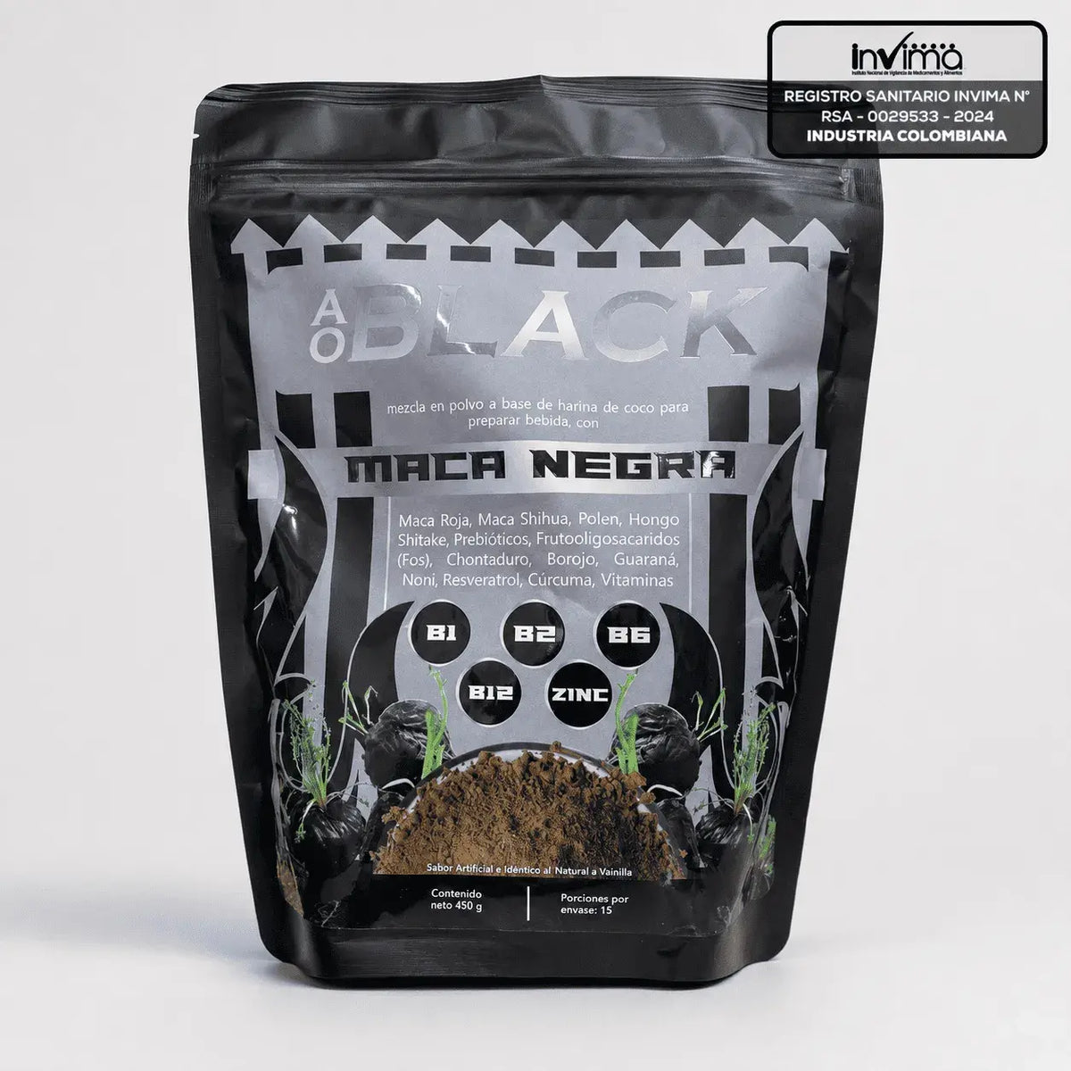 Suplemento de Maca Negra en polvo con maca roja, guaraná, borojó, shiitake, vitaminas B y zinc para complementar tu alimentación diaria.