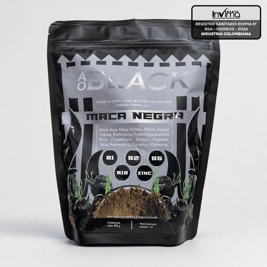 Suplemento de Maca Negra en polvo con maca roja, guaraná, borojó, shiitake, vitaminas B y zinc para complementar tu alimentación diaria.