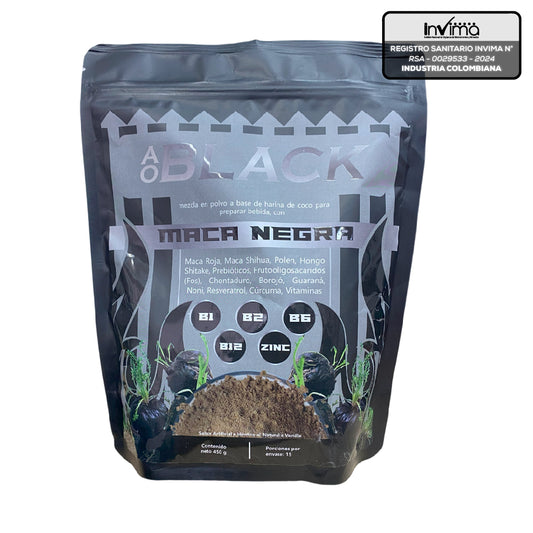 Maca Negra en Polvo con INVIMA, suplemento natural con maca, guaraná, borojó, shitake, vitaminas B y zinc para complementar la energía, vitalidad y bienestar diario.