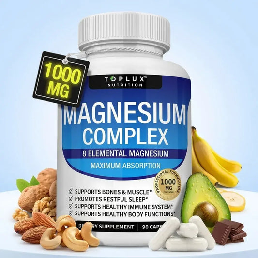 Magnesium Complex 1000 mg suplemento de magnesio que apoya la relajación, el descanso, la energía y el bienestar general del cuerpo.