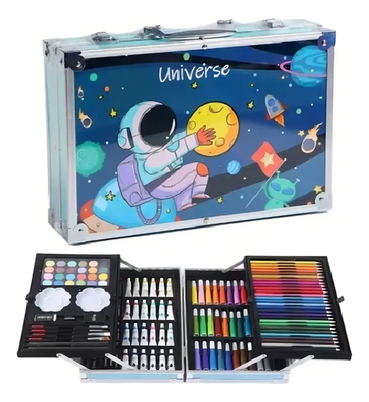Maletín de arte infantil 145 piezas con colores, marcadores y pinturas en estuche metálico práctico para niños.