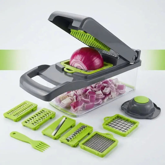 Mandolina cortador de verduras 15 en 1 con cuchillas de acero inoxidable y recipiente integrado. Ideal para picar, rallar y rebanar alimentos fácilmente.