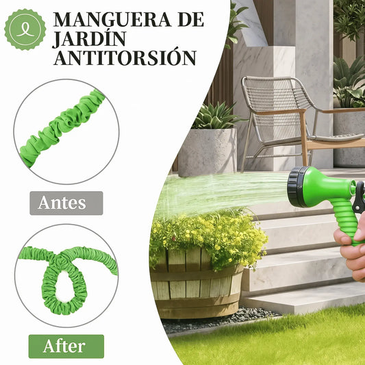 Manguera extensible antitorsión de 15 o 22 metros con boquilla multifunción. Ligera, flexible y fácil de guardar para jardín, patio y lavado de carro.