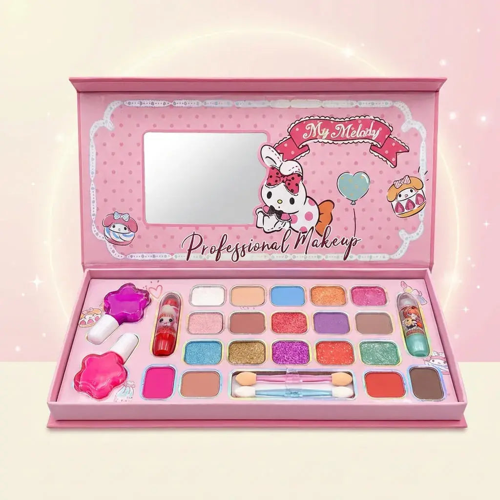 Kit maquillaje infantil rosado con diferentes colores, ideal para juegos creativos y momentos divertidos en casa.