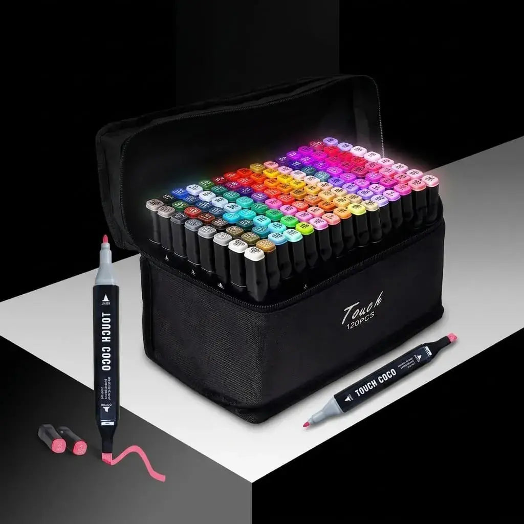 Set de marcadores doble punta 120 colores a base de alcohol, ideal para dibujo, ilustración, lettering, manga, diseño gráfico y proyectos creativos.