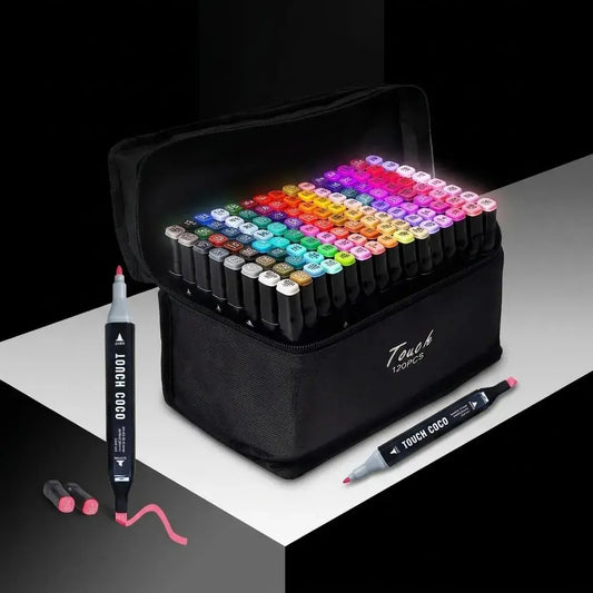 Set de marcadores doble punta 120 colores a base de alcohol, ideal para dibujo, ilustración, lettering, manga, diseño gráfico y proyectos creativos.