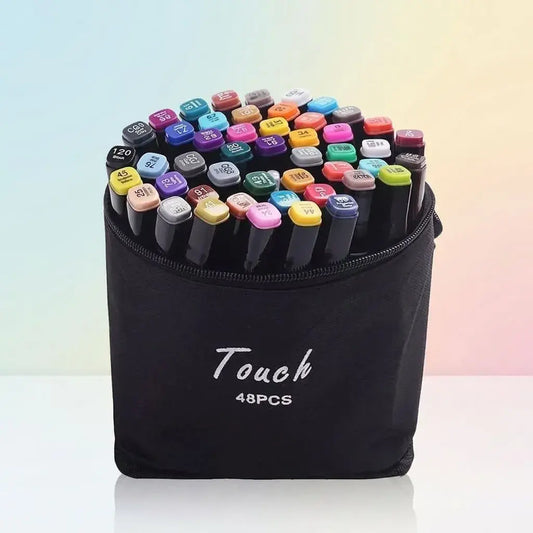 Set de marcadores doble punta 48 colores con tinta a base de alcohol, ideal para dibujo, ilustración, manga, grafiti, diseño y proyectos creativos.