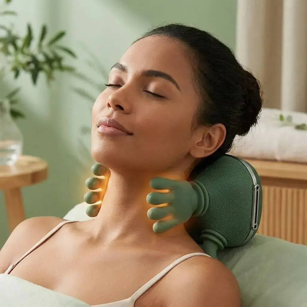 Masajeador Eléctrico portátil recargable USB para cuello, hombros, espalda, brazos y piernas, con diseño ergonómico y diferentes niveles de intensidad.