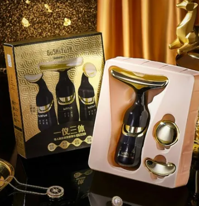 Masajeador facial 3 en 1 con microcorriente, ideal para rostro, cuello y ojos con uso práctico y niveles ajustables.