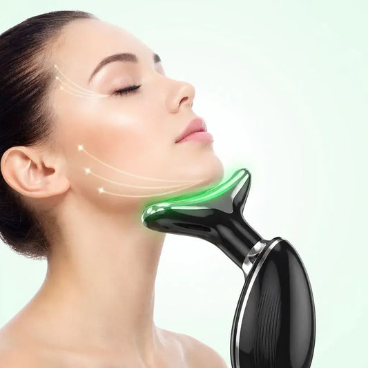 Masajeador Facial y Cuello Recargable con Luz LED, calor térmico y vibración sónica. Ideal para rutinas de cuidado facial en casa, aplicación de cremas y relajación.