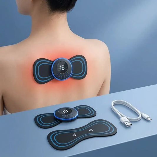 Masajeador cervical EMS con pantalla LCD, 8 modos y niveles ajustables. Dispositivo portátil para relajación y bienestar diario.
