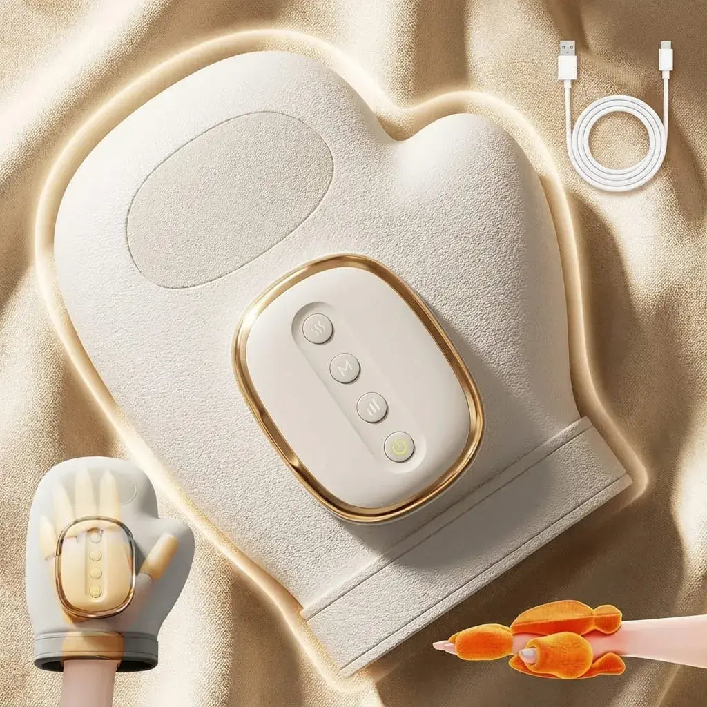 Masajeador de manos 360 con compresión de aire, calor ajustable y diseño portátil. Ideal para brindar relajación y bienestar en dedos, palmas y muñecas.