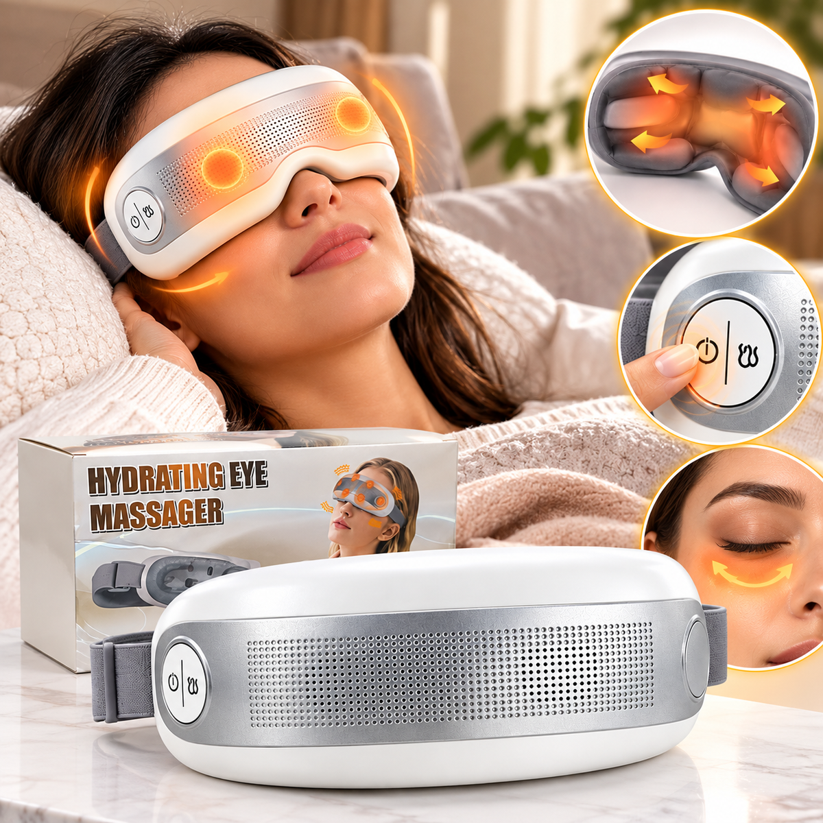 Masajeador de ojos con calor, recargable por USB, plegable y portátil. Sensación de descanso después de horas en pantallas. Banda ajustable e interior suave. Ideal para casa, oficina o viajes.
