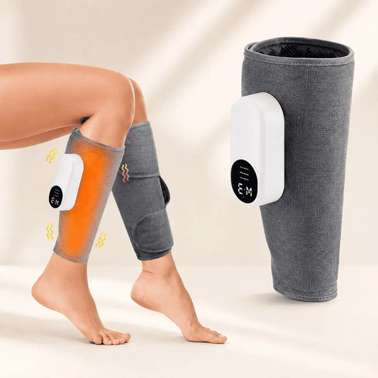 Masajeador inalámbrico para piernas y pantorrillas con compresión de aire, calor ajustable, batería recargable y diferentes niveles de intensidad.