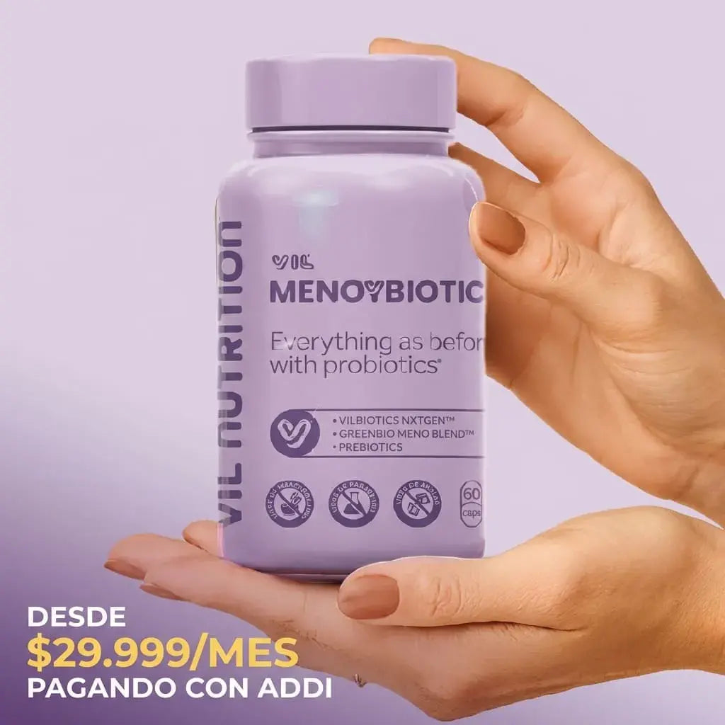 MenoyBiotic™ cápsulas veganas con probióticos y extractos herbales para acompañar el bienestar femenino durante la menopausia.