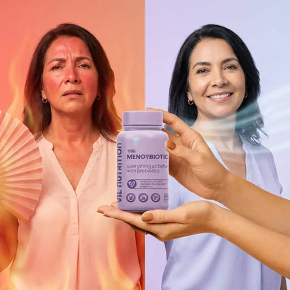 MenoyBiotic™ cápsulas veganas con probióticos y extractos herbales para acompañar el bienestar femenino durante la menopausia.