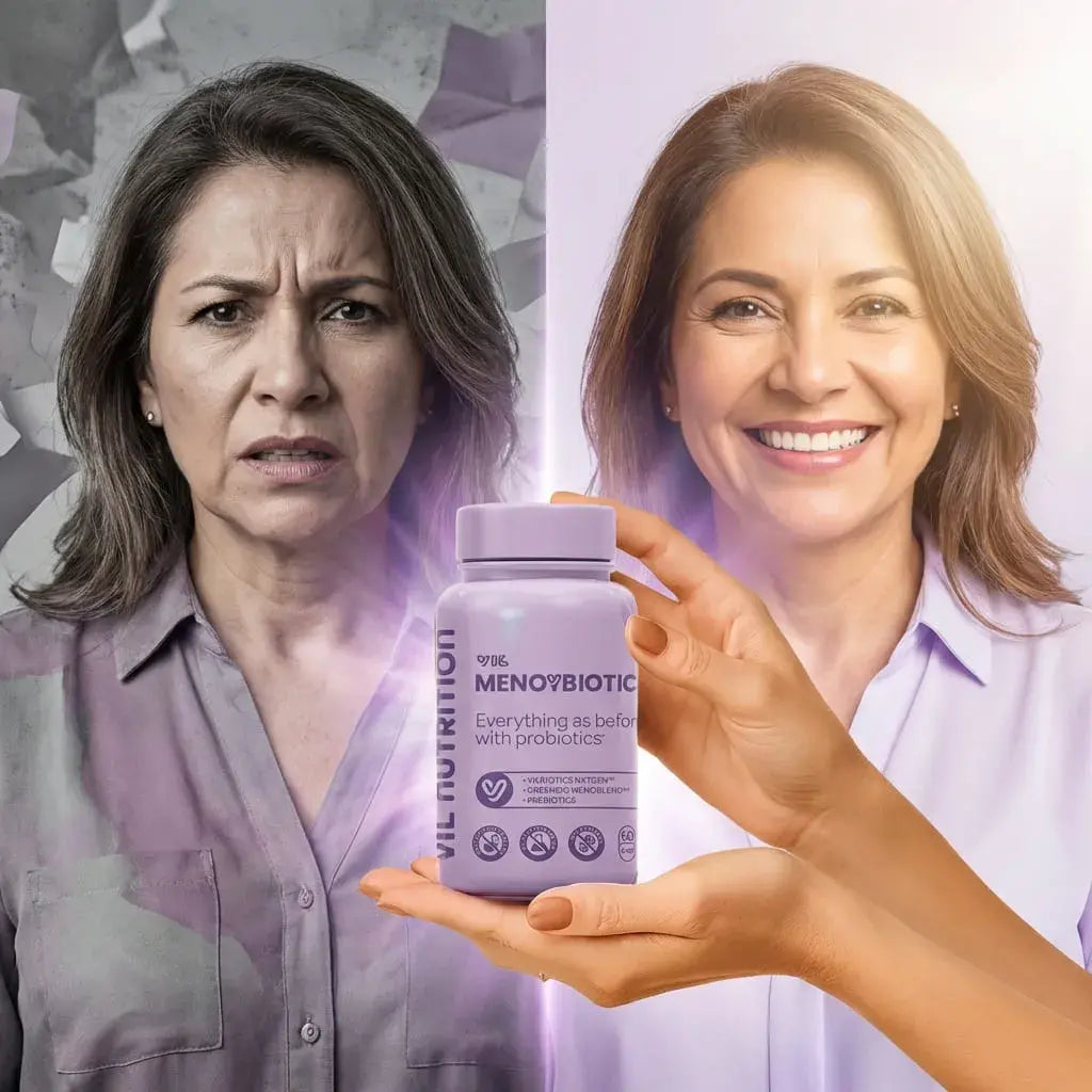 MenoyBiotic™ cápsulas veganas con probióticos y extractos herbales para acompañar el bienestar femenino durante la menopausia.