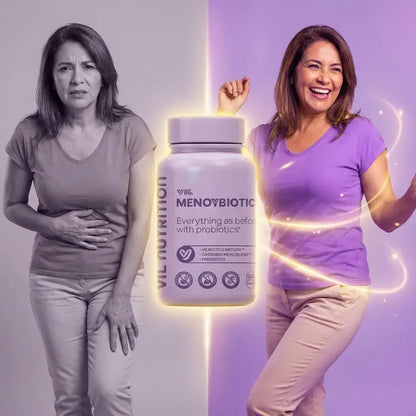MenoyBiotic™ cápsulas veganas con probióticos y extractos herbales para acompañar el bienestar femenino durante la menopausia.