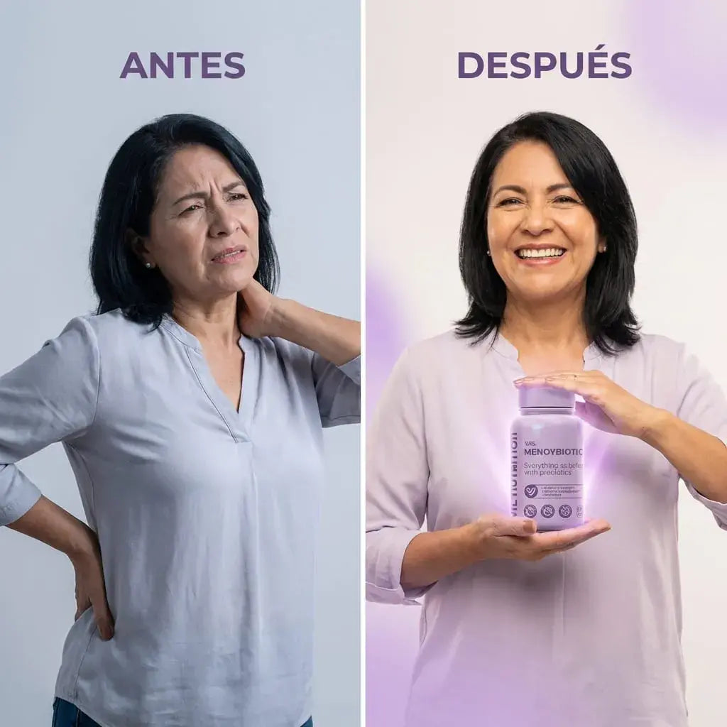 MenoyBiotic™ cápsulas veganas con probióticos y extractos herbales para acompañar el bienestar femenino durante la menopausia.