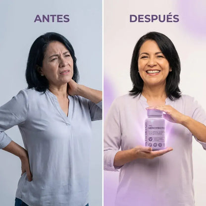 MenoyBiotic™ cápsulas veganas con probióticos y extractos herbales para acompañar el bienestar femenino durante la menopausia.