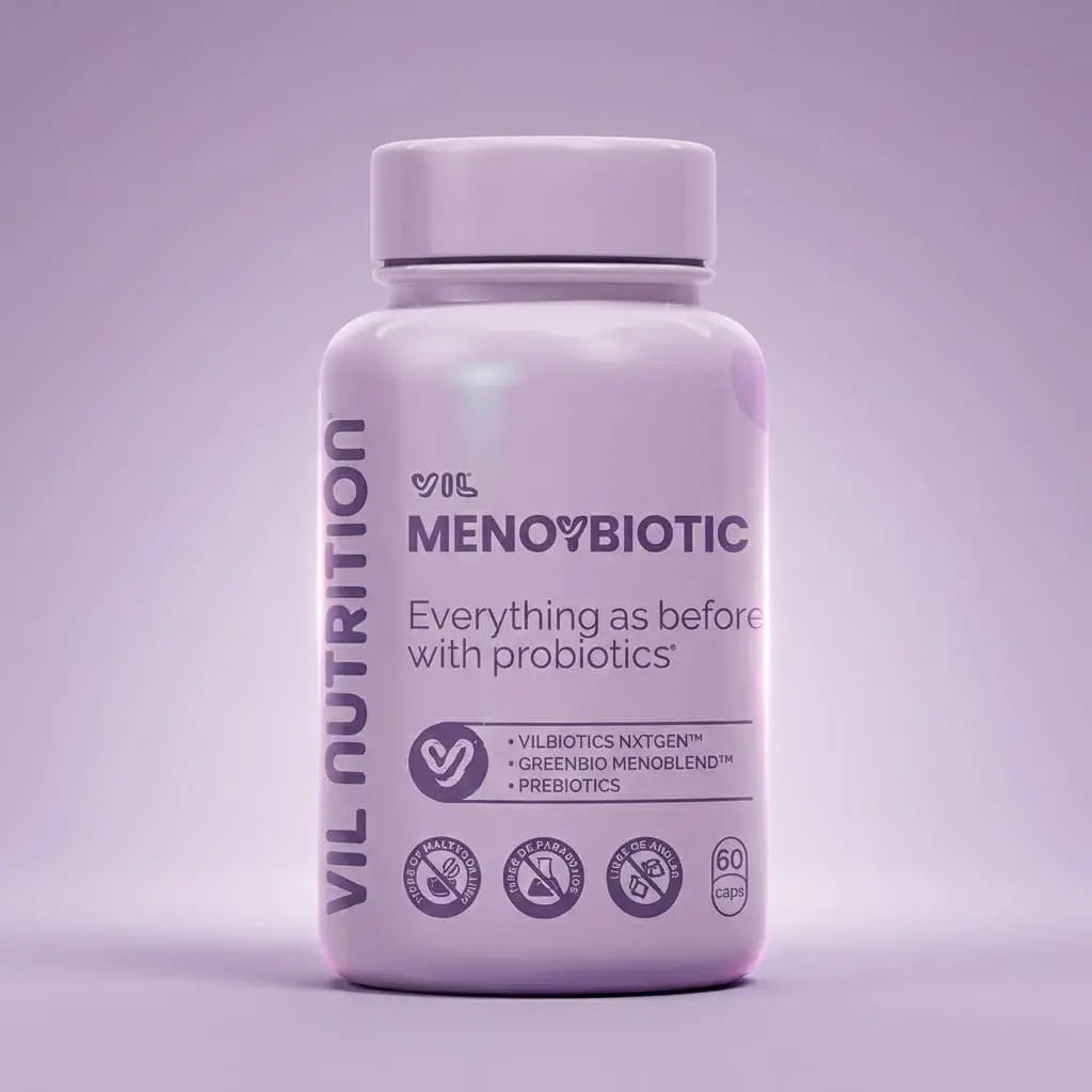 MenoyBiotic™ cápsulas veganas con probióticos y extractos herbales para acompañar el bienestar femenino durante la menopausia.