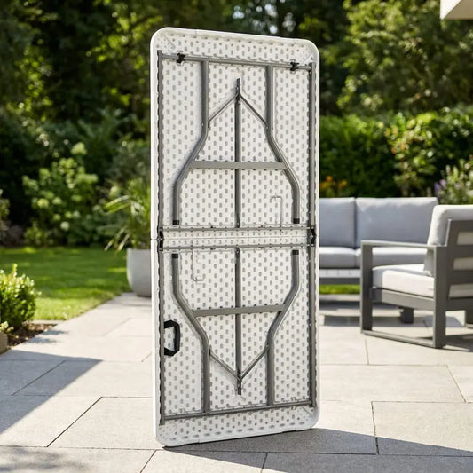 Mesa plegable rectangular de 180 cm en plástico resistente. Ideal para eventos, hogar, camping, negocios, reuniones y uso interior o exterior.