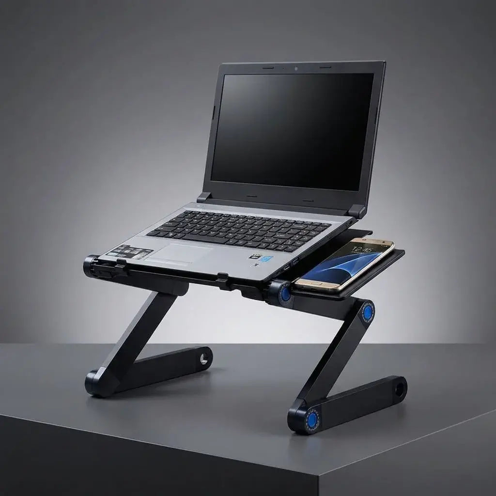 Mesa portátil graduable para laptop T8 con ventilador USB, altura ajustable, soporte para mouse y diseño plegable. Ideal para cama, sofá u oficina.
