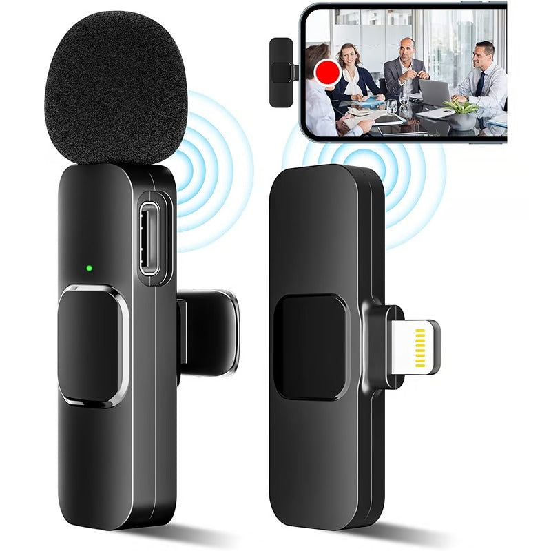 Micrófono inalámbrico para celular con captación omnidireccional 360°, diseño portátil y uso práctico para videos, entrevistas, clases virtuales y transmisiones en vivo.