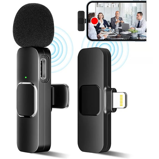 Micrófono inalámbrico para celular con captación omnidireccional 360°, diseño portátil y uso práctico para videos, entrevistas, clases virtuales y transmisiones en vivo.