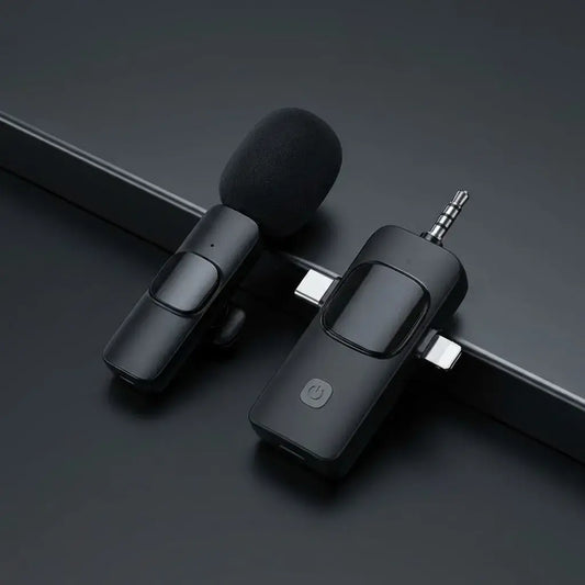 Micrófono inalámbrico dual con receptor universal 3 en 1 compatible con iPhone, Android y PC. Ideal para podcast, entrevistas y transmisión en vivo.