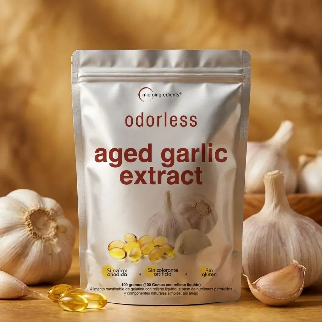 Microingredients Odorless Aged Garlic Extract por 100 softgels, suplemento alimenticio de ajo envejecido sin olor fuerte para bienestar diario, circulación y apoyo antioxidante.