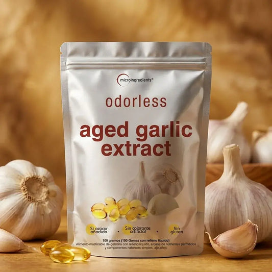 Microingredients Odorless Aged Garlic Extract por 100 softgels, suplemento alimenticio de ajo envejecido sin olor fuerte para bienestar diario, circulación y apoyo antioxidante.