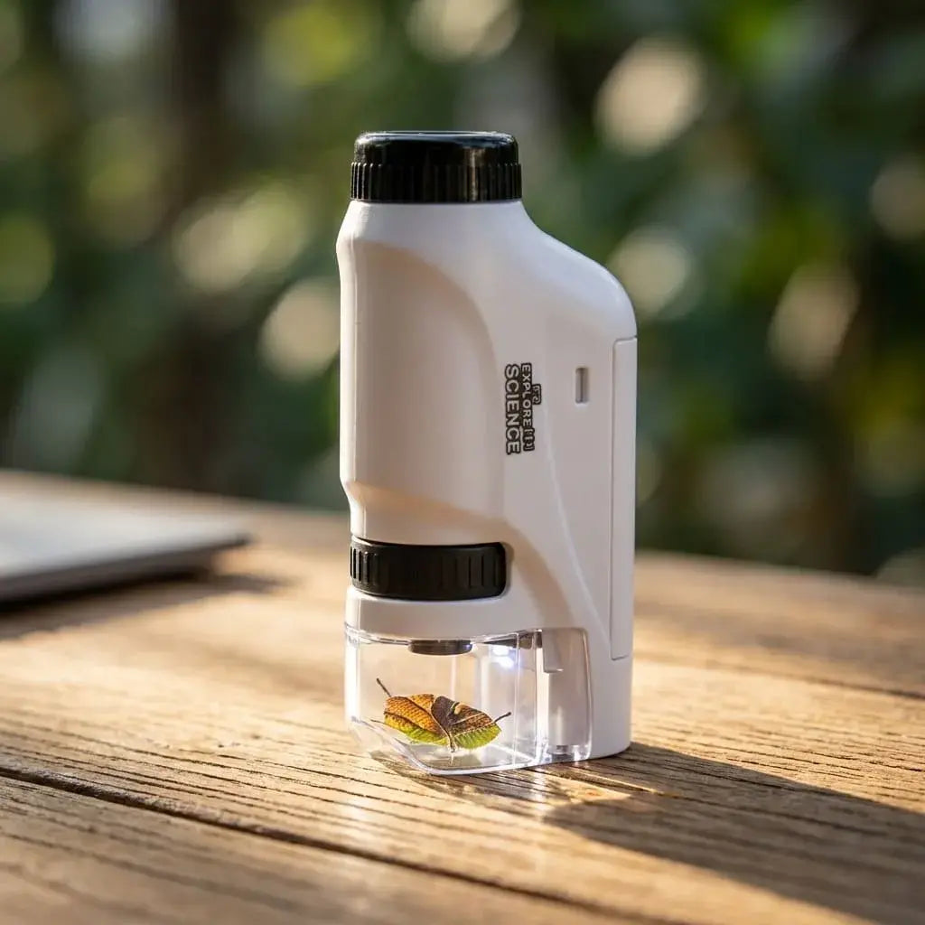 microscopio portátil infantil con luz LED para niños, ideal para exploración científica, aprendizaje educativo, observación de detalles y captura con celular.