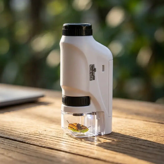microscopio portátil infantil con luz LED para niños, ideal para exploración científica, aprendizaje educativo, observación de detalles y captura con celular.