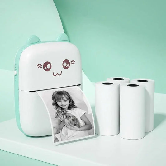 Mini Impresora térmica Bluetooth portátil de 200 ppp con dos rollos de papel, ideal para notas, listas, diarios y organización personal.