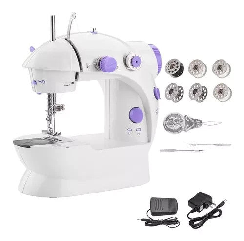 Mini máquina de coser portátil con doble hilo, 2 velocidades, pedal de pie y 4 bobinas incluidas. Ideal para arreglos, manualidades y costura básica doméstica en telas livianas.