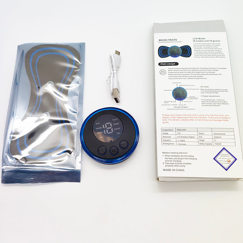 Mini masajeador EMS portátil recargable por USB, compacto y fácil de usar para estimulación muscular suave, relajación y bienestar diario en casa u oficina.