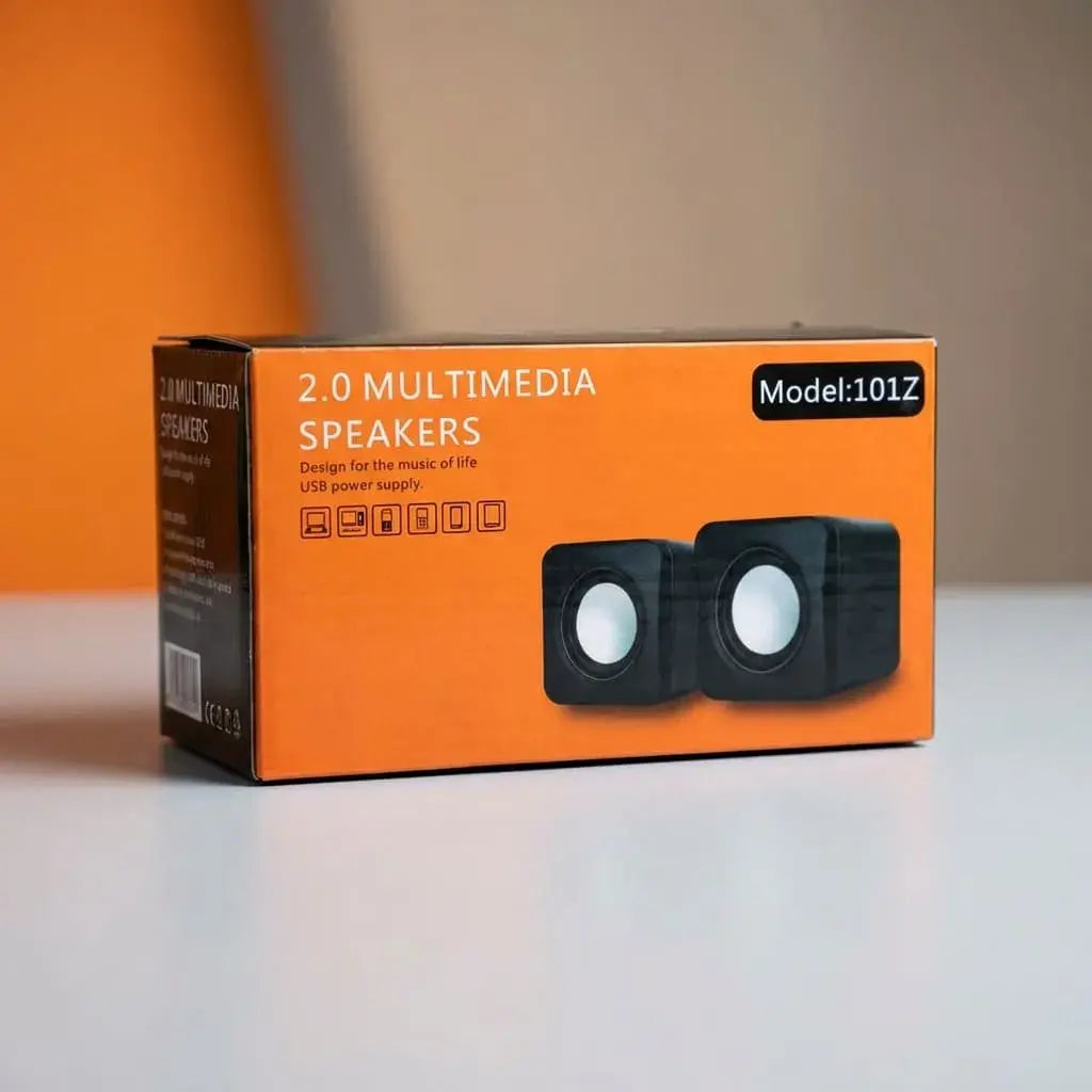 Mini parlantes USB para PC con conector 3.5 mm y potencia 2W x 2. Sonido estéreo compacto ideal para computador y portátil.